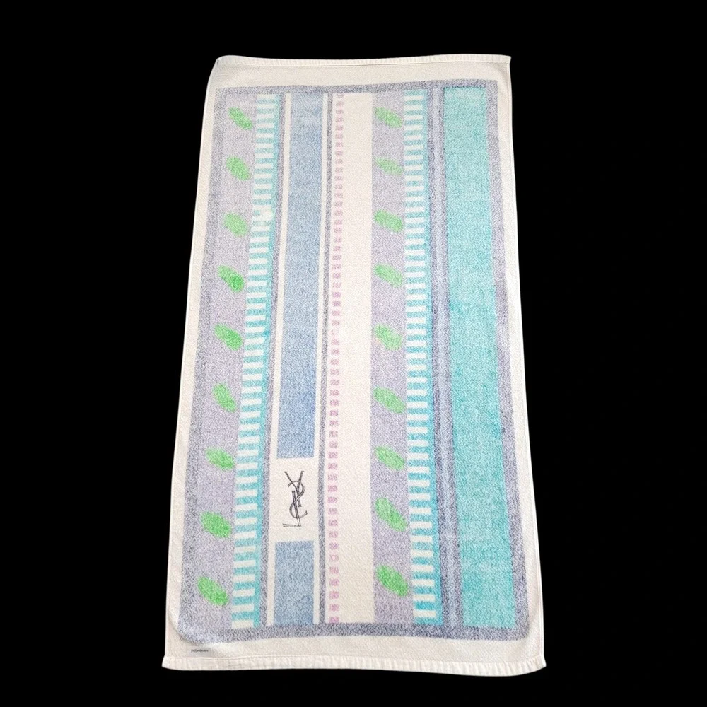 Vtg YSL Yves Saint Laurent Beach Towel Multi Striped Logo Cotton Japan Flaw